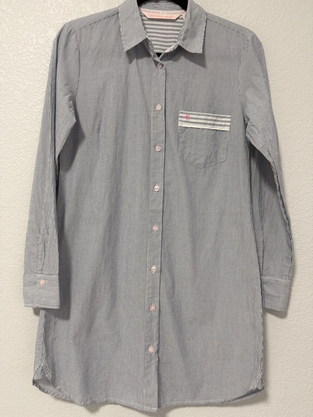 Victoria's Secret Light Blue & White Pinstripe Button-Down Sleep Shirt